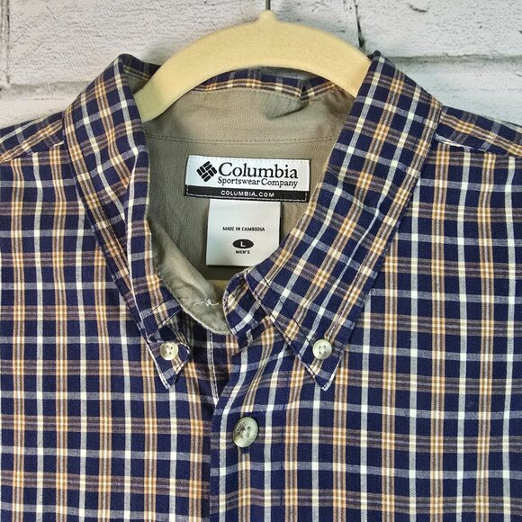 COLUMBIA MENS LONG SLEEVE PLAID BUTTON DOWN NAVY AND KHAKI PLAID SIZE LARGE EUC - Picture 7 of 8